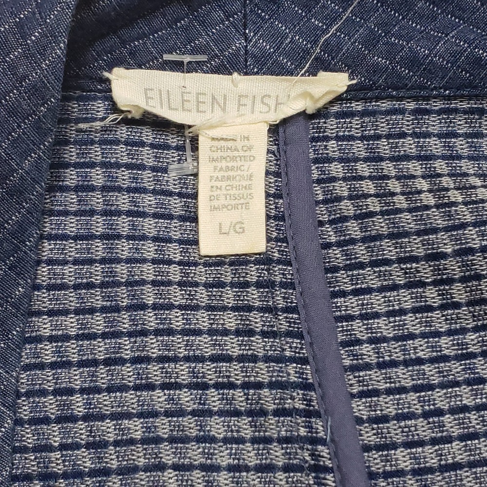 Eileen Fisher Grid Textured Tencel Open Front Kimono Jacket Blue Large Pockets - Picture 6 of 11
